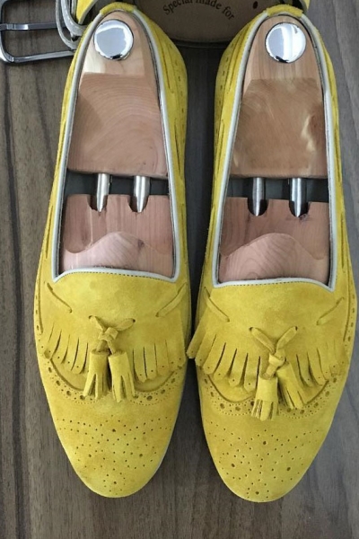 Yellow Genuine Suede Leather Kilt Tassel Loafers