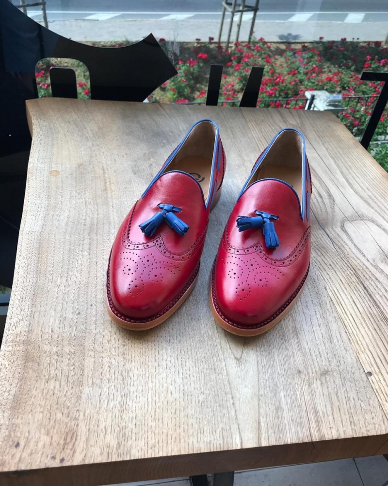 Red Genuine Leather Wingtip Tassel Loafers by GentWith.com with Free Worldwide Shipping
