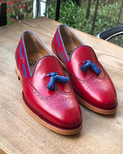 Red Genuine Leather Wingtip Tassel Loafers by GentWith.com with Free Worldwide Shipping