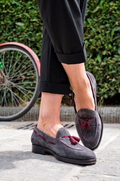 Purple Gray Genuine Suede Leather Tassel Loafers