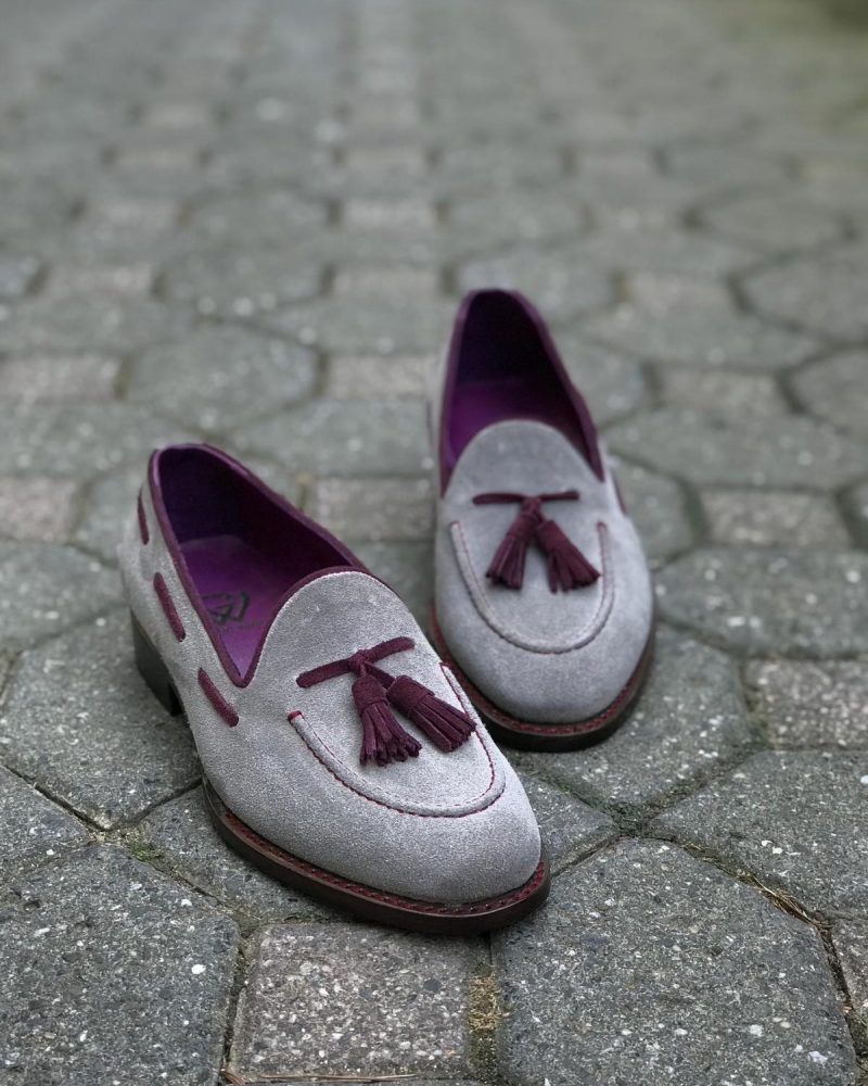 Handmade Gray Genuine Suede Leather Tassel Loafers by GentWith.com with Free Worldwide Shipping