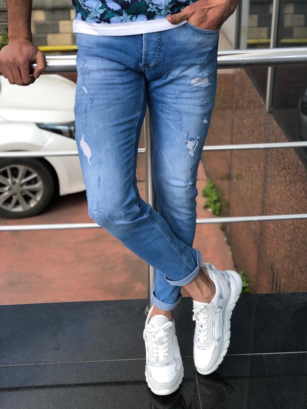 Blue Slim Fit Distressed Jeans by GentWith.com with Free Shipping