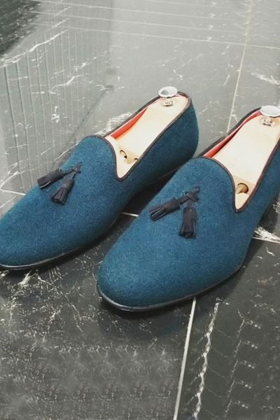 Blue Genuine Lather Handmade Tassel Groom Loafers Slip On