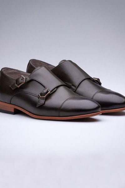 Black Genuine Leather Monk Strap Shoes