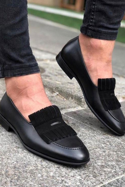 Black Genuine Leather Kilt Loafers