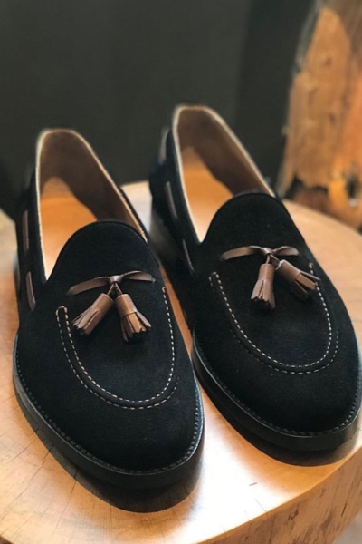 Black Genuine Suede Leather Tassel Loafers