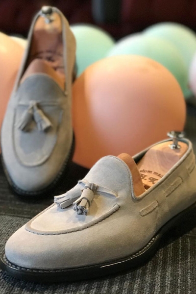 Gray Genuine Suede Leather Tassel Loafers