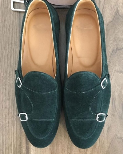 Green Suede Monk Strap by Gentwith.com with Free Shipping