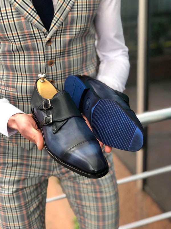 Buy Blue Leather Monk Strap Loafer by GentWith.com