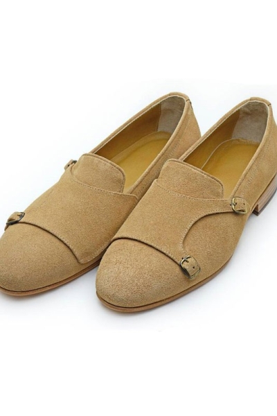 Camel Genuine Lather Handmade Monk Strap Groom Shoes