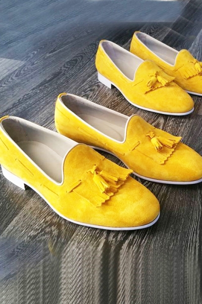 Yellow Genuine Suede Leather Kilt Tassel Loafers