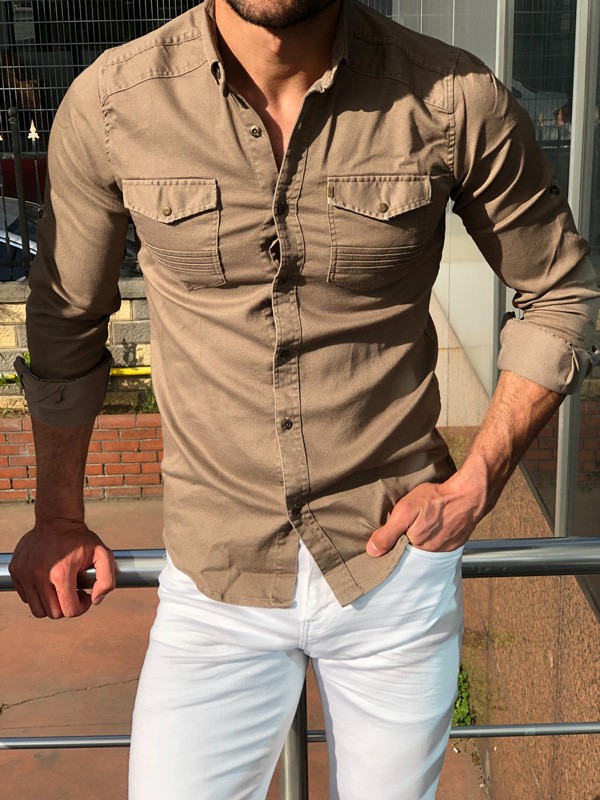 Men's Beige Denim Sleeveless Shirts with Buttons