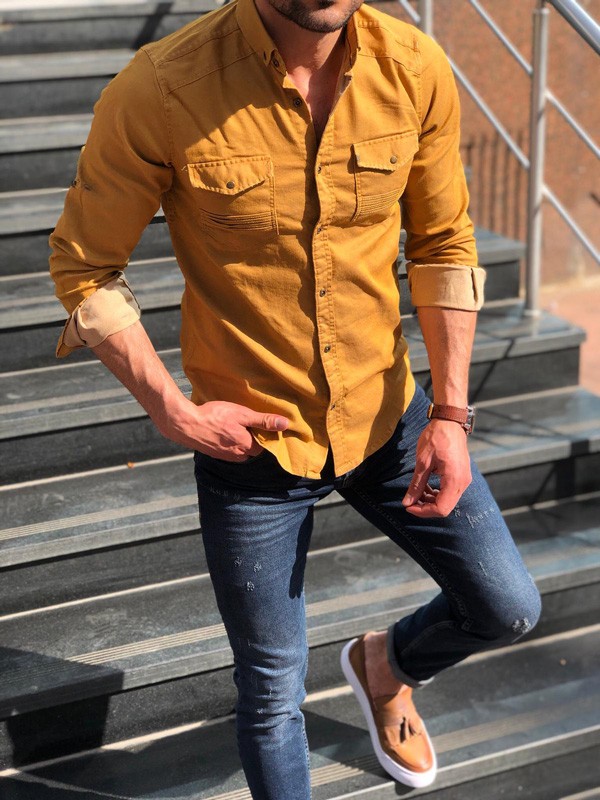 Buy Camel Slim Fit Denim Shirt by GentWith.com with Free Shipping