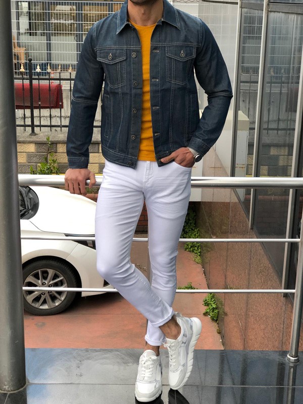 Blue denim jacket on sale with white jeans