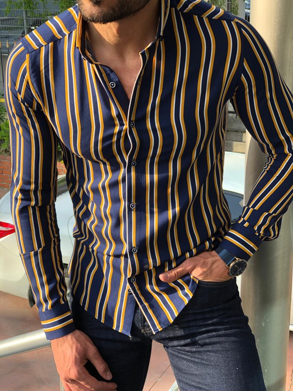Buy Navy Blue Slim Fit Striped Casual Shirt by GentWith.com