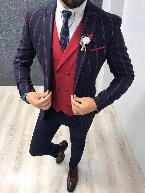 Red Slim Fit Striped Suit by GentWith.com with Free Shipping