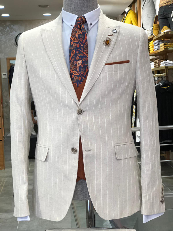 Buy Ecru Slim Fit Striped Suit by GentWith.com with Free Shipping