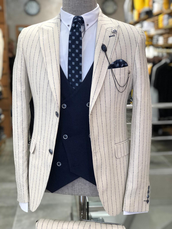 Ecru Slim Fit Striped Suit by GentWith.com with Free Shipping