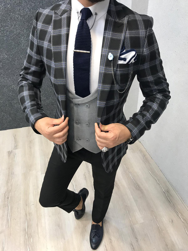 Black Slim Fit Plaid Suit by GentWith.com with Free Shipping