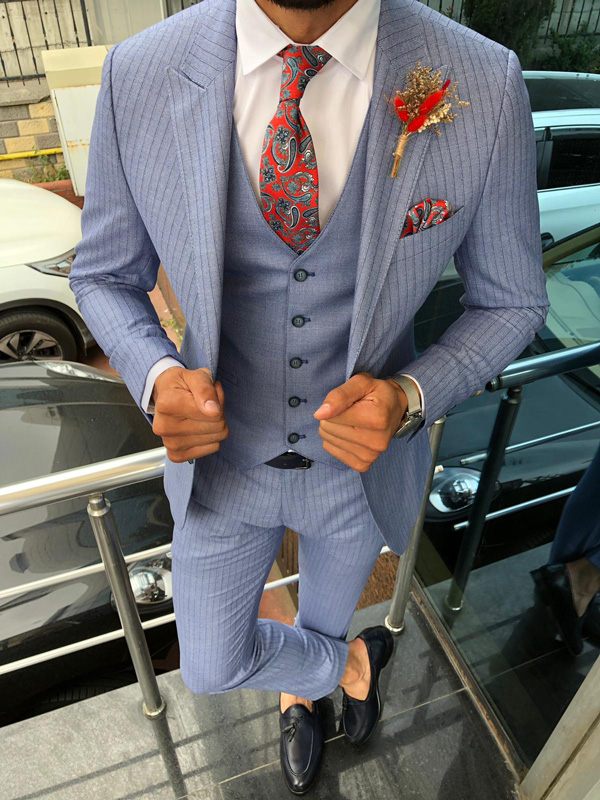 Buy Blue Slim Fit Striped Suit by GentWith.com with Free Shipping