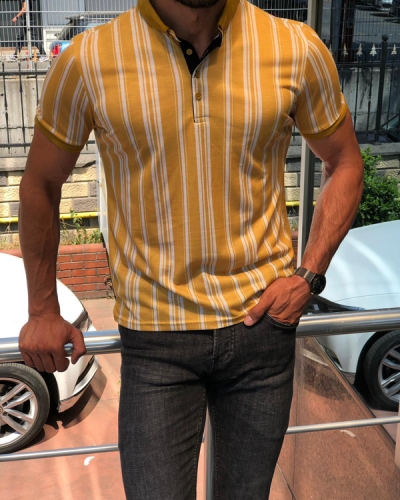 Yellow Slim Fit Striped Polo Shirt by GentWith.com with Free Shipping