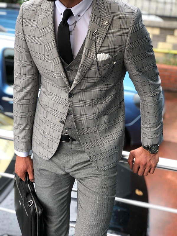 Gray Slim Fit Plaid Suit by GentWith.com with Free Shipping
