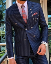 GentWith Sioux Dark Blue Slim Fit Double Breasted Pinstripe Suit
