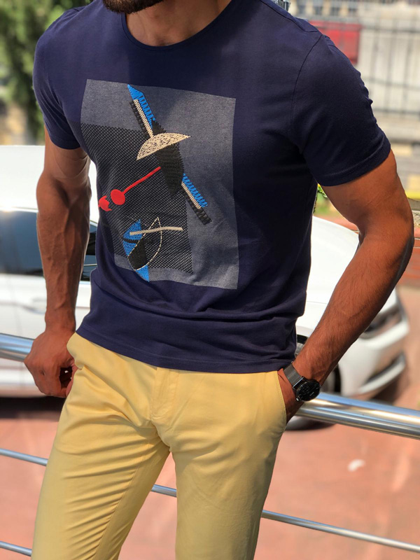 Navy Blue Slim Fit Round Neck Printed T-Shirt by GentWith.com