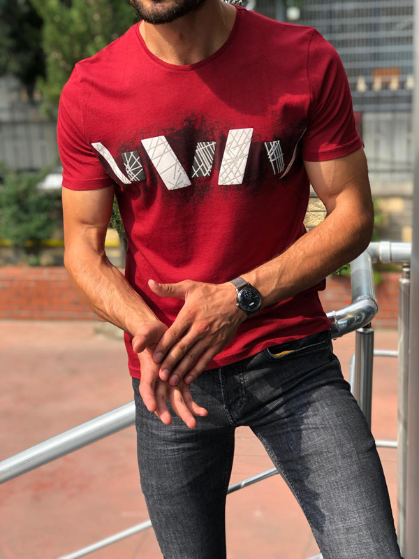 Red Slim Fit Round Neck Printed T-Shirt by GentWith.com
