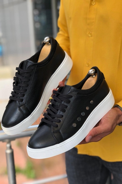 Black Laced Leather Sneakers by GentWith.com with Free Shipping