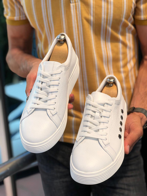 White Laced Leather Sneakers by GentWith.com with Free Shipping