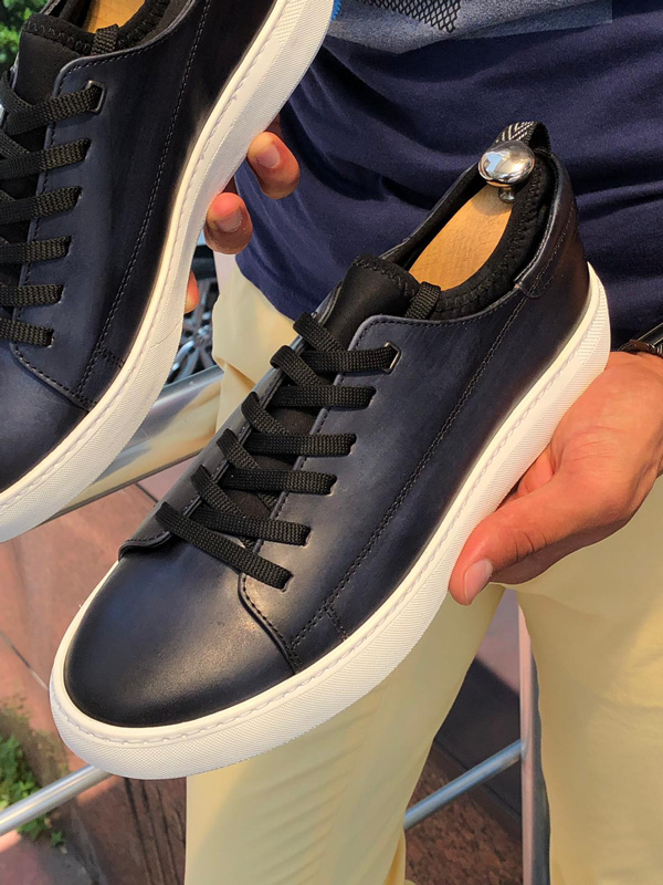 Buy Navy Blue Laced Leather Sneakers by GentWith.com | Free Shipping