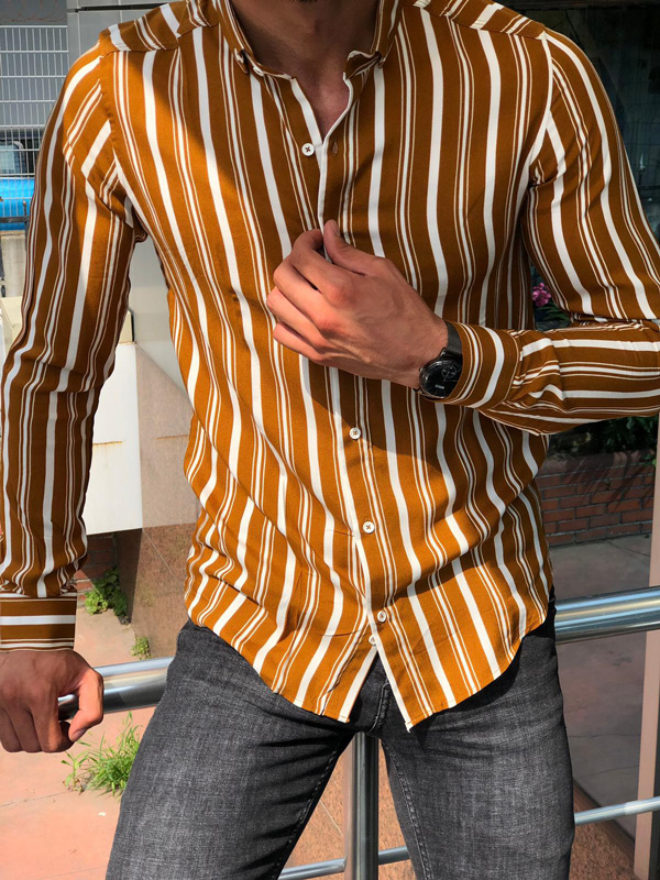 Camel Slim Fit Striped Shirt by GentWith.com with Free Shipping