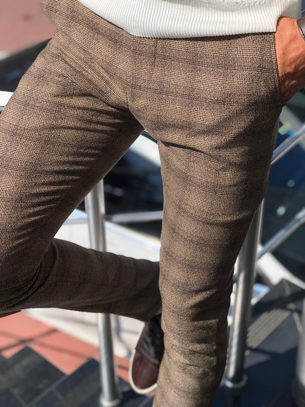 Vicenza Brown Slim Fit Plaid Pants