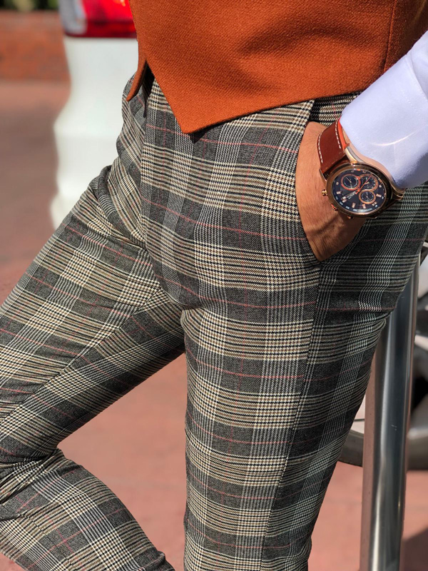 Buy Camel Slim Fit Plaid Pants by GentWith.com with Free Shipping