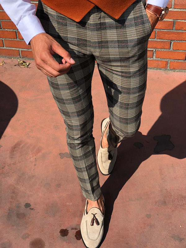 Buy Camel Slim Fit Plaid Pants by  with Free Shipping