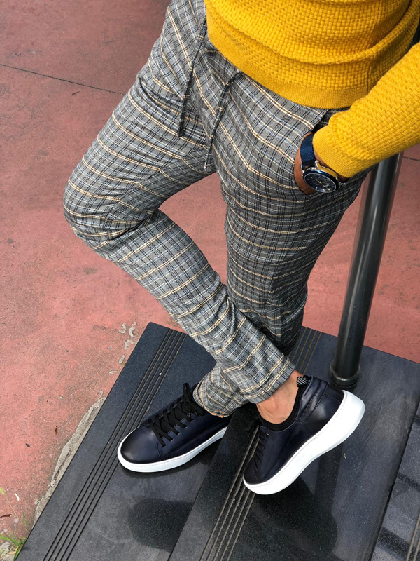 Buy Mustard Slim Fit Plaid Pants by GentWith.com with Free Shipping
