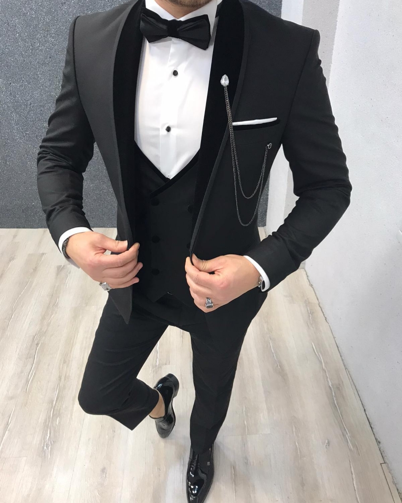 Black Slim Fit Velvet Shawl Collar Tuxedo by GentWith.com with Free Worldwide Shipping