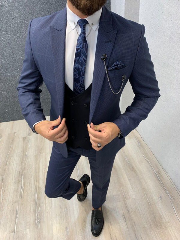 Buy Navy Blue Slim Fit Windowpane Wool Suit by GentWith.com