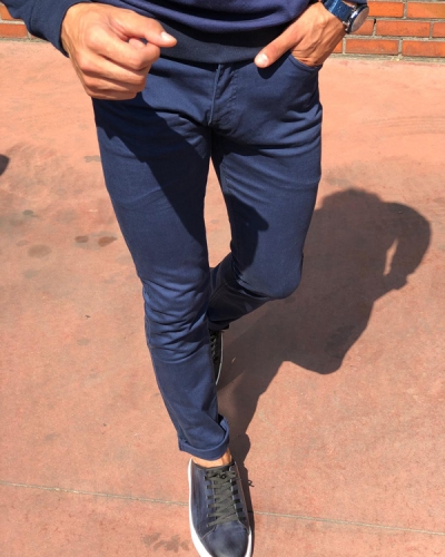 Blue Slim Fit Cotton Pants by GentWith.com with Free Shipping