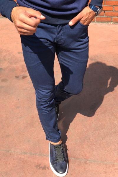 Blue Slim Fit Cotton Pants by GentWith.com with Free Shipping