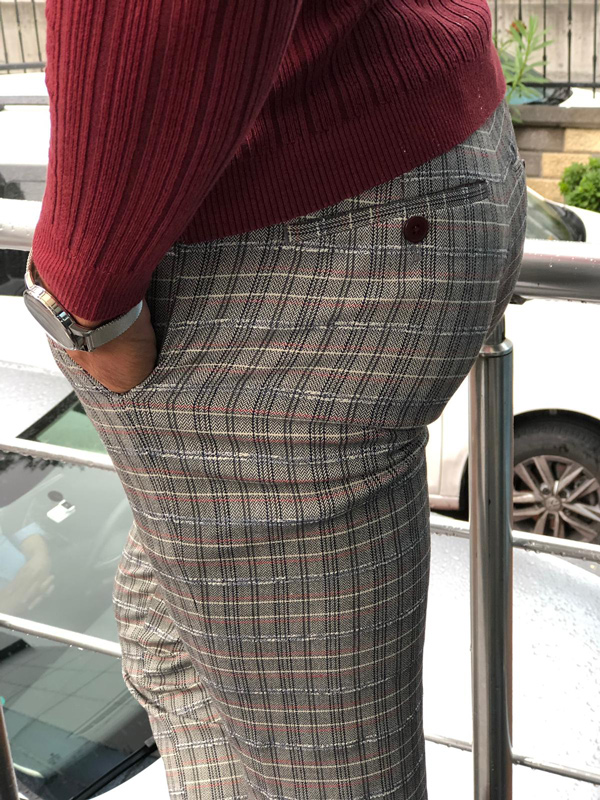 Claret Red Slim Fit Plaid Check Pants by GentWith.com with Free Shipping