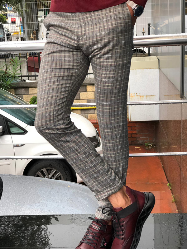 Grey plaid pants 2024 with red stripe