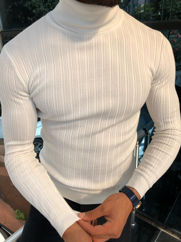 GentWith Eva White Slim Fit Turtleneck Ribbed Sweater - GENT WITH