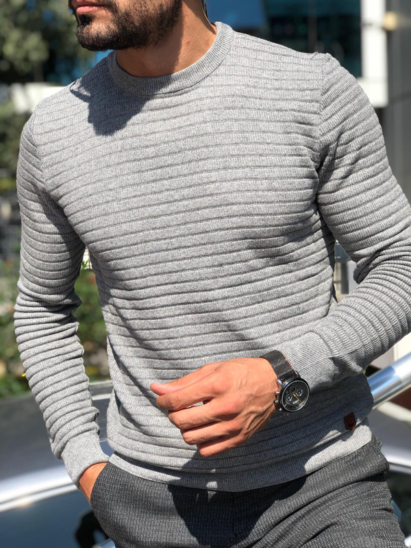 GentWith Fabros Gray Slim Fit Round Neck Sweater - GENT WITH