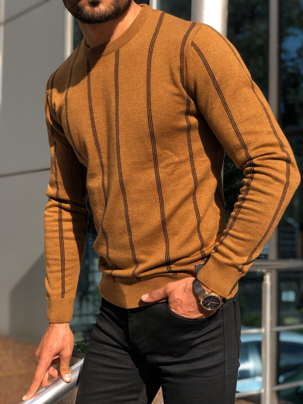 GentWith Melvin Camel Slim Fit Striped Crew Neck Sweater - GENT WITH