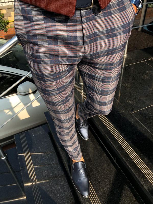 Buy Navy Blue Slim Fit Plaid Pants by GentWith.com with Free Shipping