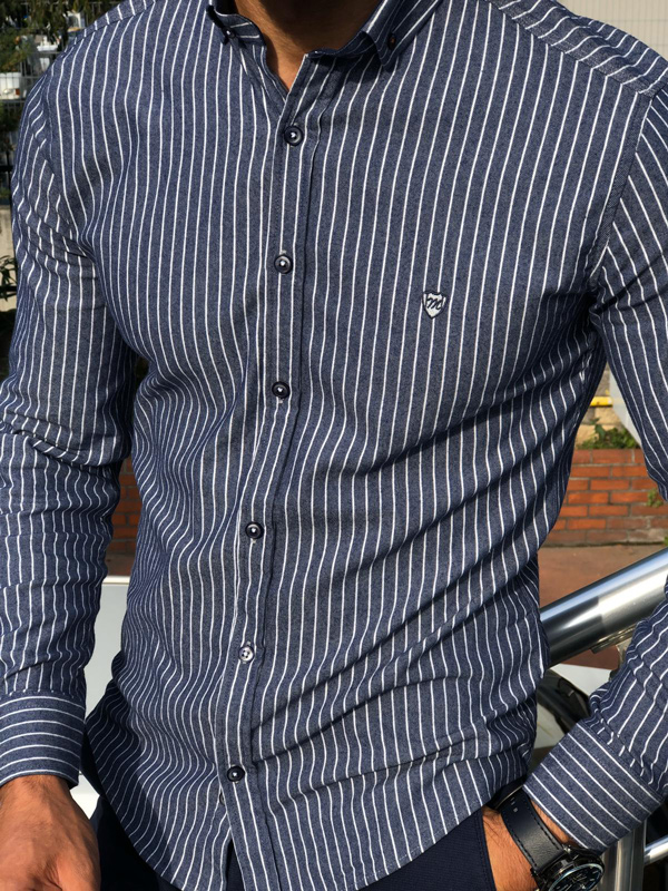 Buy Navy Blue Slim Fit Pinstripe Shirt by GentWith.com with Free Shipping