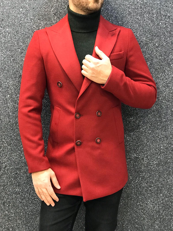 Ade Red Slim Fit Double Breasted Wool Long Coat - GENT WITH