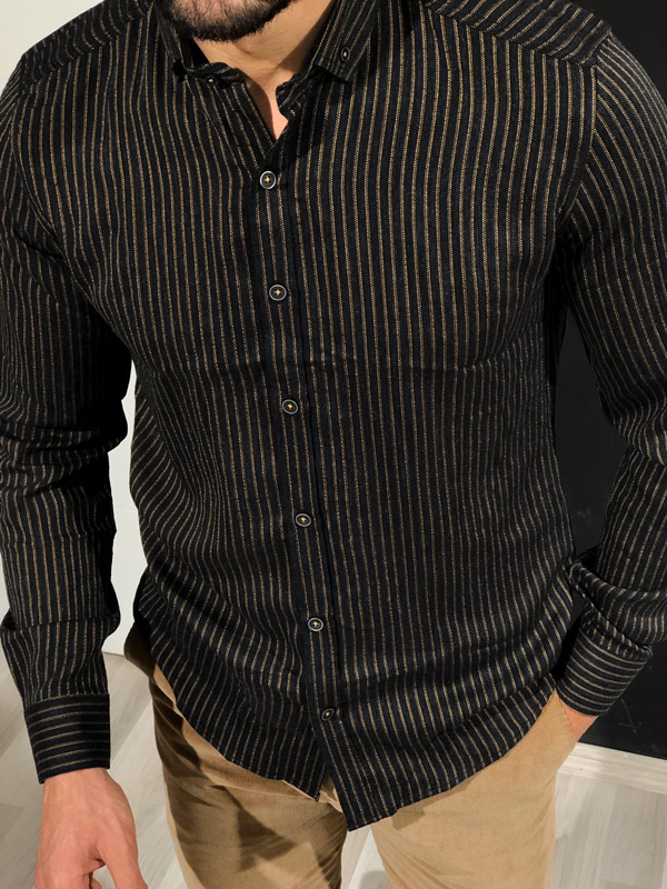 Black Slim Fit Pinstripe Shirt by GentWith.com with Free Worldwide Shipping